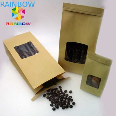 مخصص مطبوعة احباط Lined كرافت ورقة الوقوف الحقيبة حقيبة مع نافذة واضحة لفول القهوة