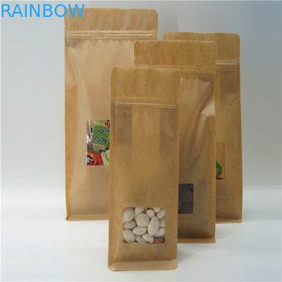 كيس ورق كرافت بني مربع مع نافذة واضحة ، الحقيبة القهوة الرمز القفل