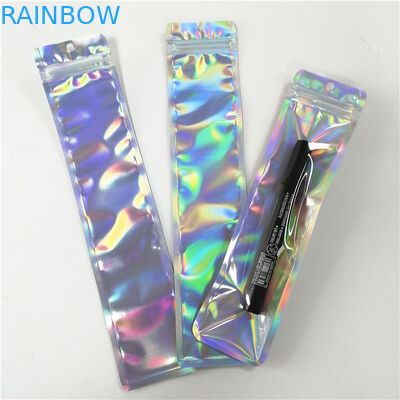 أكياس مسطحة الهولوغرام البلاستيكية المطبوعة المخصصة مع سحاب لتعبئة قلم أداة الماكياج