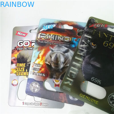 حبوب تعزيز الجنسي التعبئة والتغليف Rhino Max 150K 3D Blister Cards مع صندوق ورقي لكبسولة الجنس المسحوق
