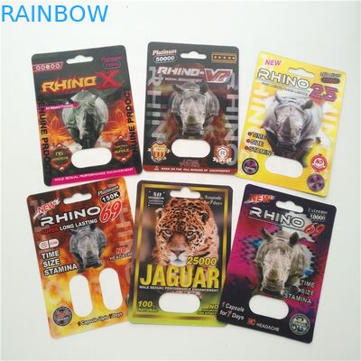 حبوب تعزيز الجنسي التعبئة والتغليف Rhino Max 150K 3D Blister Cards مع صندوق ورقي لكبسولة الجنس المسحوق