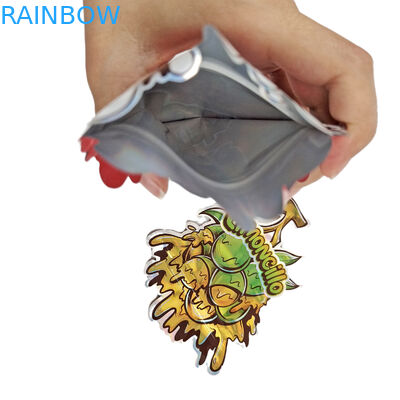 أكياس مايلار ذات الشكل مع شعار مخصص مطبوع هولوغرافي غير منتظم زيبلوك ضد الرائحة 3.5g 7g 14g 28g أكياس الوجبات الخفيفة