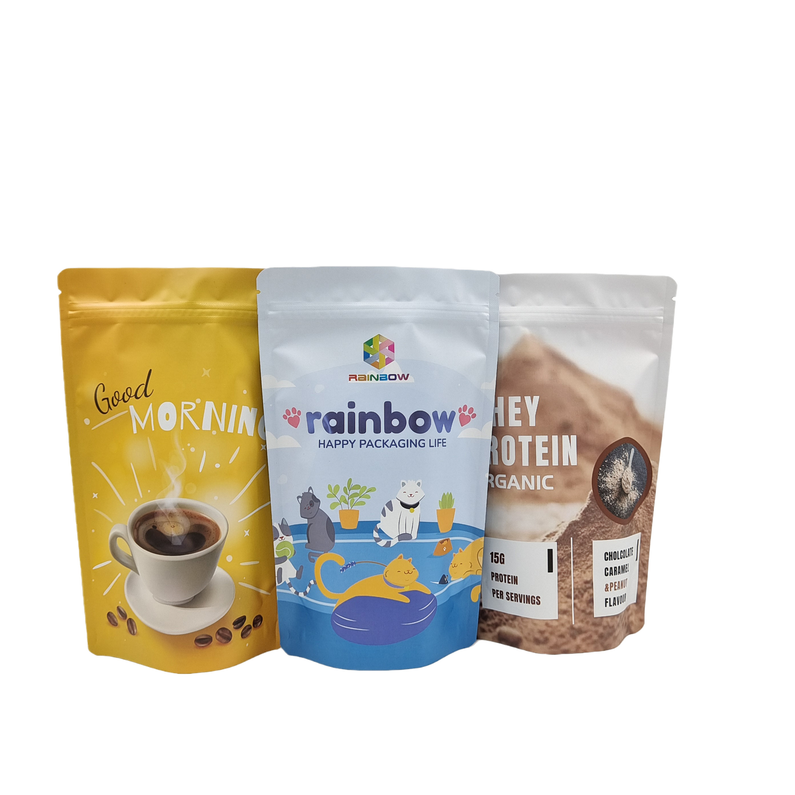 التعبئة والتغليف البلاستيكية الصالحة للأكل رقائق الألومنيوم زيبر الوقوف أكياس للوجبات الخفيفة مسحوق بروتين البسكويت