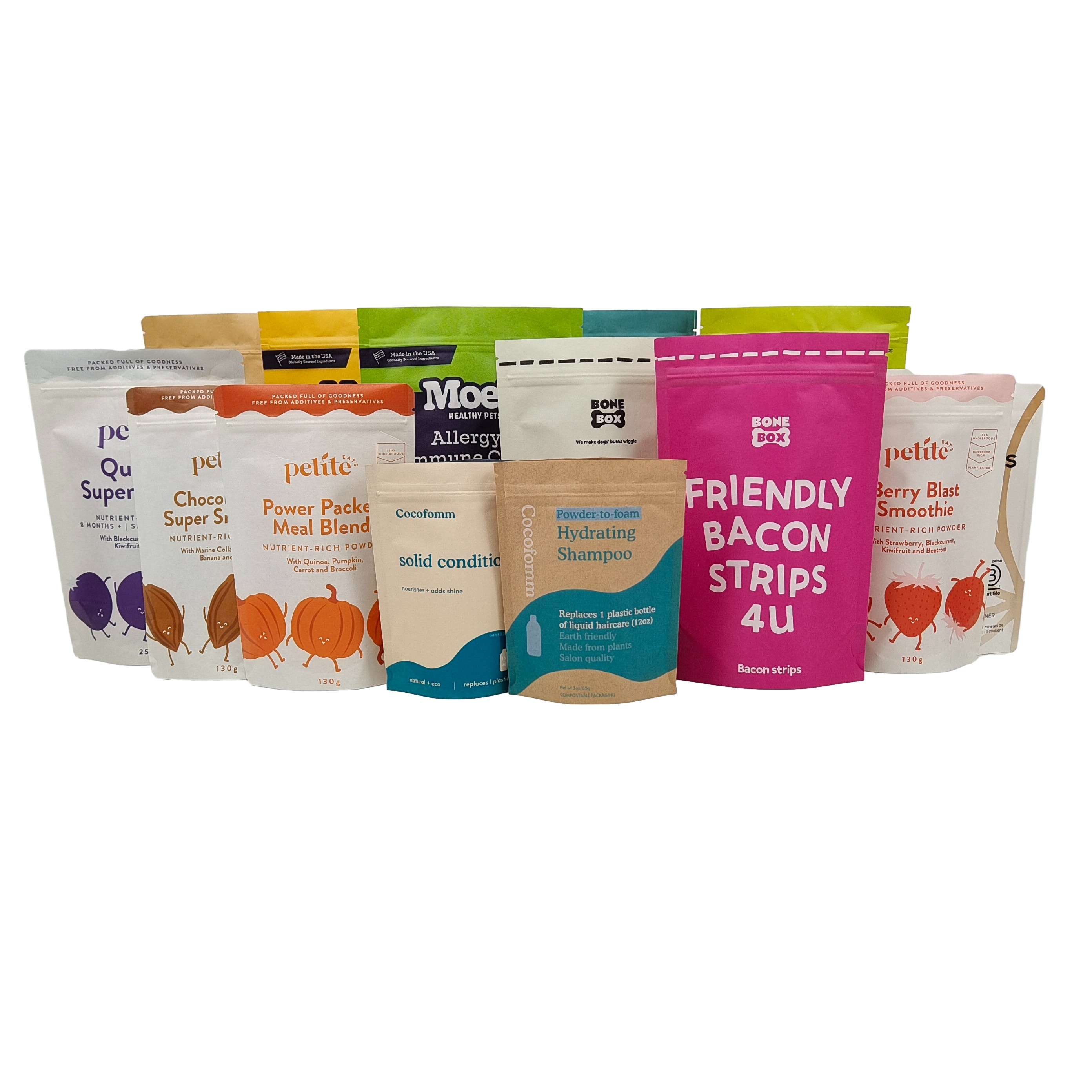 شعار مخصص مطبوع قابلة للتحلل الحيوي 100٪ عبوة عبوة قابلة لإعادة الاستخدام أكياس بلاستيكية واقفة