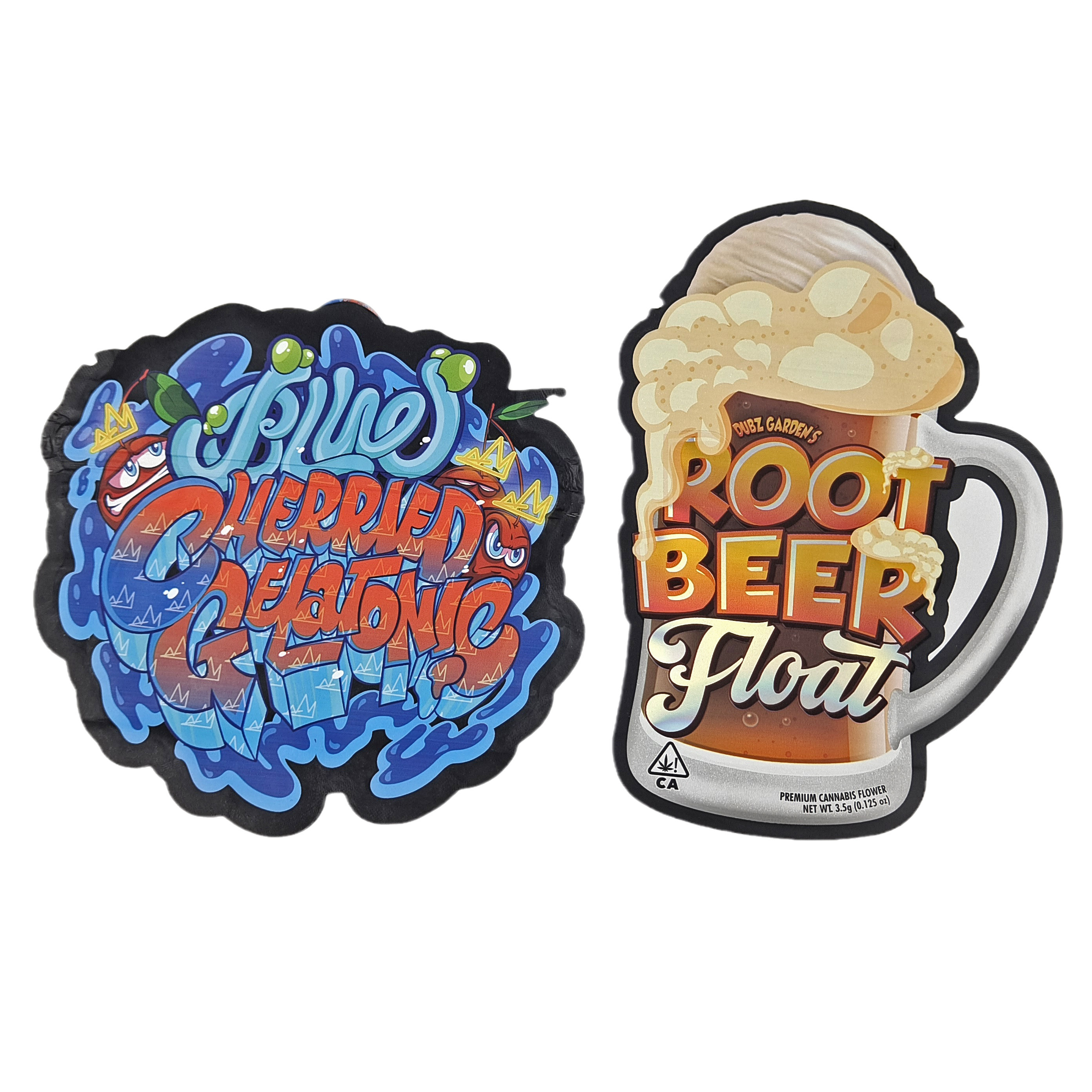 مقطوعة مرموقة مخصصة غير منتظمة الشكل الخاص البلاستيكية المقاومة للطفل التغليف مايلار مع سحاب 3.5g الصف الغذائي الشكل المخصص مايلار