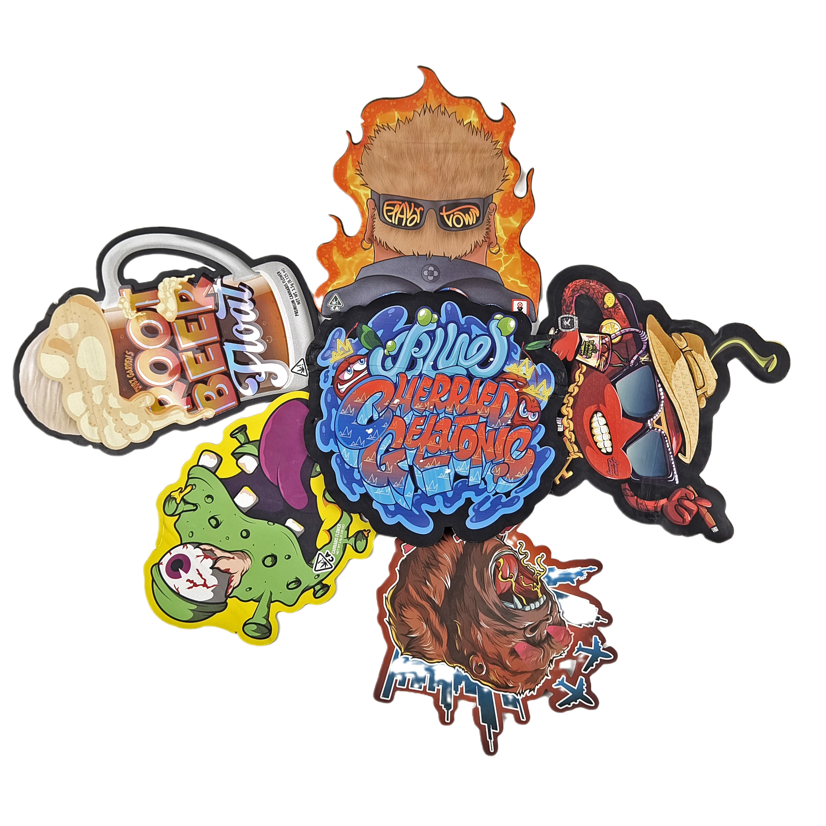 أكياس مايلار ذات الشكل مع شعار مخصص مطبوع هولوغرافي غير منتظم زيبلوك ضد الرائحة 3.5g 7g 14g 28g أكياس الوجبات الخفيفة