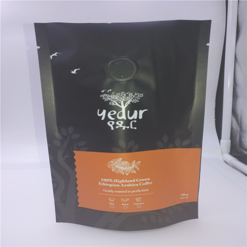 ماتي الأسود 500 غرام 1 LB أكياس تغليف المواد الغذائية المطبوعة مع Ziplock وصمام التفريغ