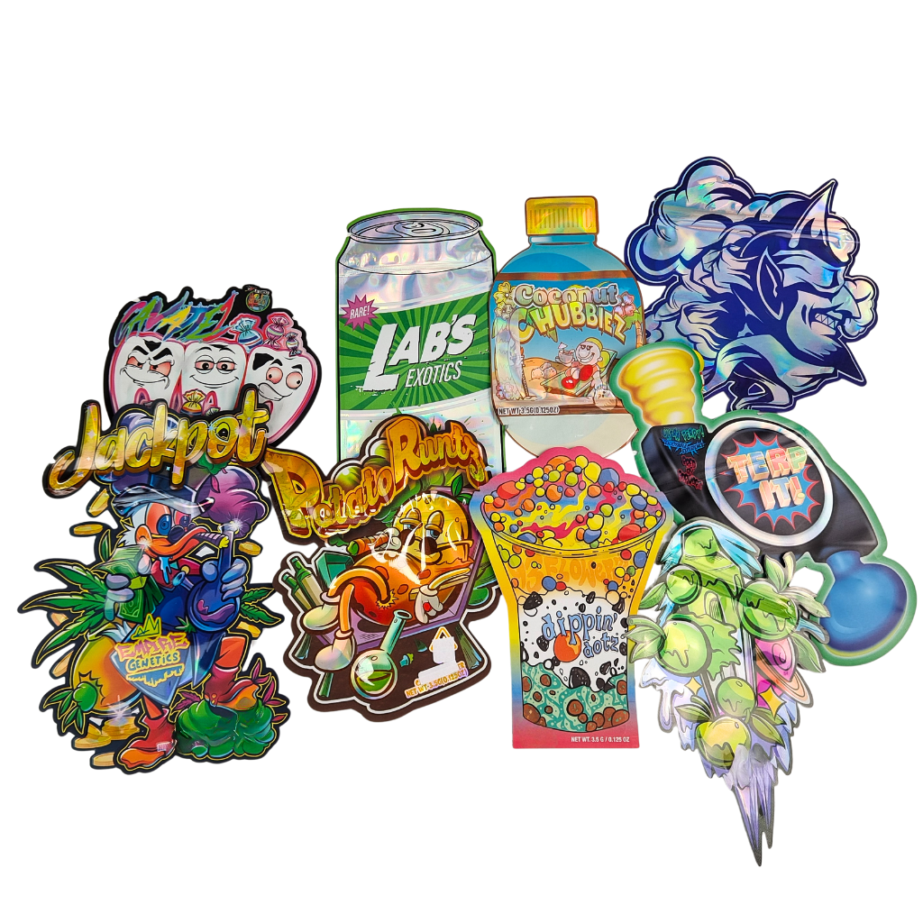 أكياس مايلر لملفات تعريف الارتباط بدرجة الغذاء، مقطوعة بالقالب، كالي، 3.5 جرام، 7 جرام، 14 جرام، 28 جرام، لامعة/غير لامعة، مقاومة للرائحة، أكياس بسحاب