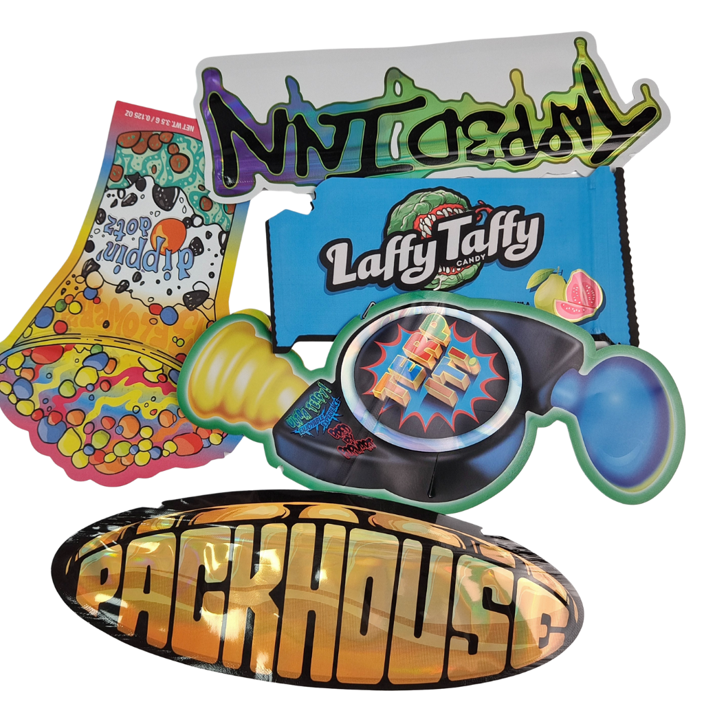 أكياس مايلر بشكل ثلاثي الأبعاد بسحاب قابل لإعادة الإغلاق، رقائق ألومنيوم، ختم حراري، قطع بالقالب، كيس غير منتظم لحلوى الفطر