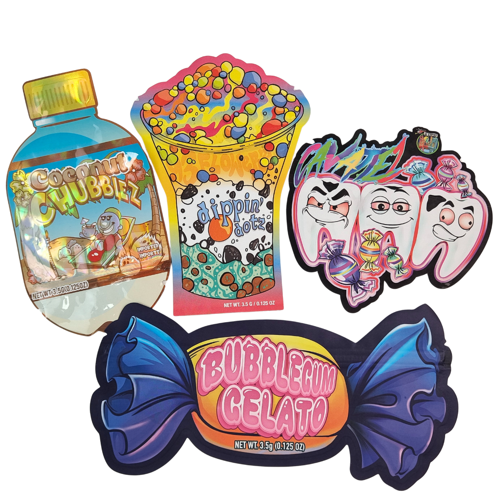 شعار مخصص 3.5 جرام 7 جرام 14 جرام أكياس تغليف طعام بلاستيكية قابلة لإعادة الإغلاق من البولي إيثيلين، أكياس فويل بسحاب، مقاومة لرائحة الأطفال، أكياس مايلار للأعشاب والحلويات