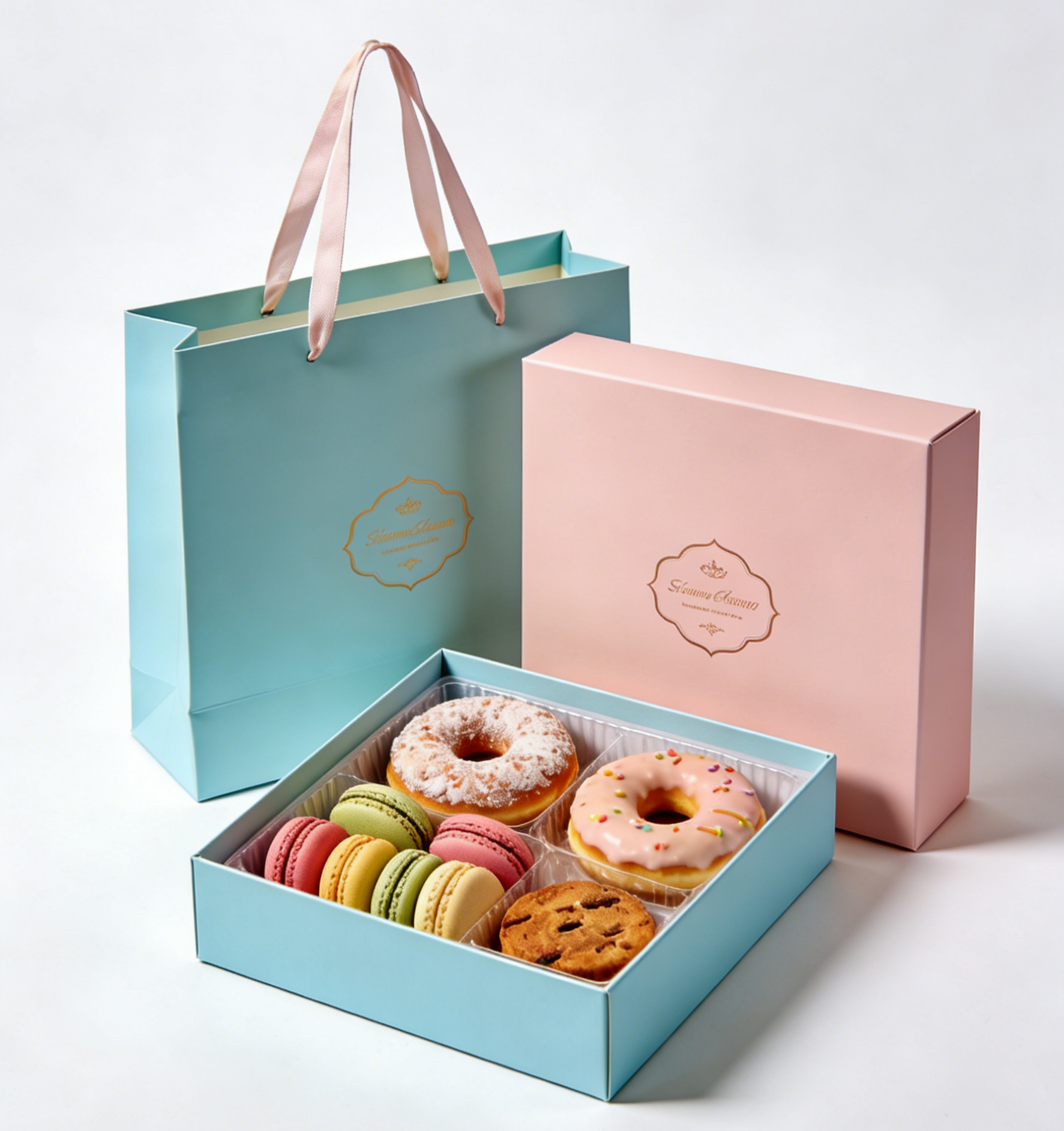 صندوقاً قابلاً للطي من الدرجة الاولى للطعام و غطاء الصندوق للكعكة السوشي المكرونات الحلويات المخبز صندوقاً هدية مع كيس ورقي