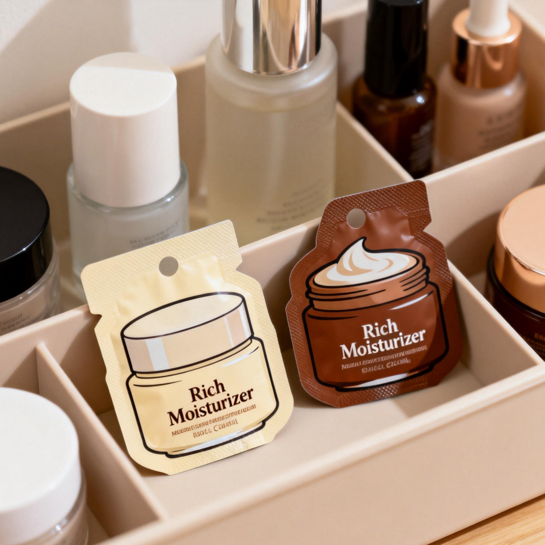 أكياس تغليف كريم اللوشن للعناية بالبشرة المخصصة، أكياس عينات مستحضرات التجميل الصغيرة من رقائق المايلر، أكياس قابلة للختم بالحرارة، أكياس صغيرة صغيرة