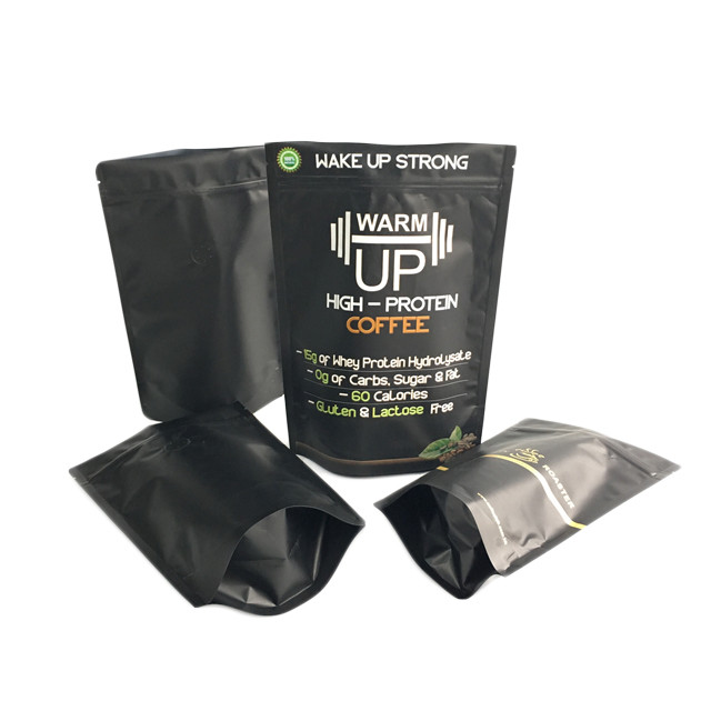 حقيبة قهوة بطباعة ذهبية اللون الأسود غير اللامع ، حقيبة تغليف بسحاب